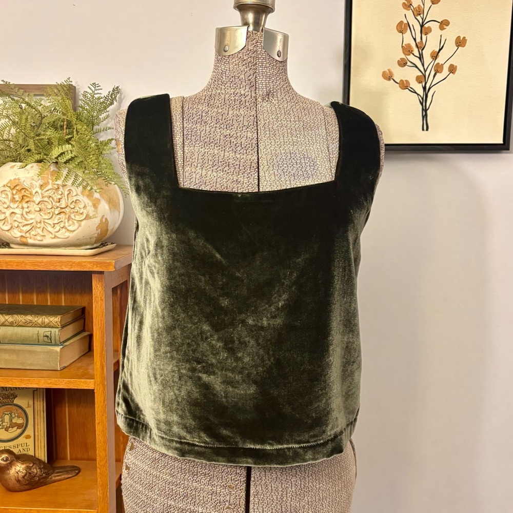Forest Green Velvet Tank Top Sleeveless Top Emerson Fry XS Lined Side Zipper